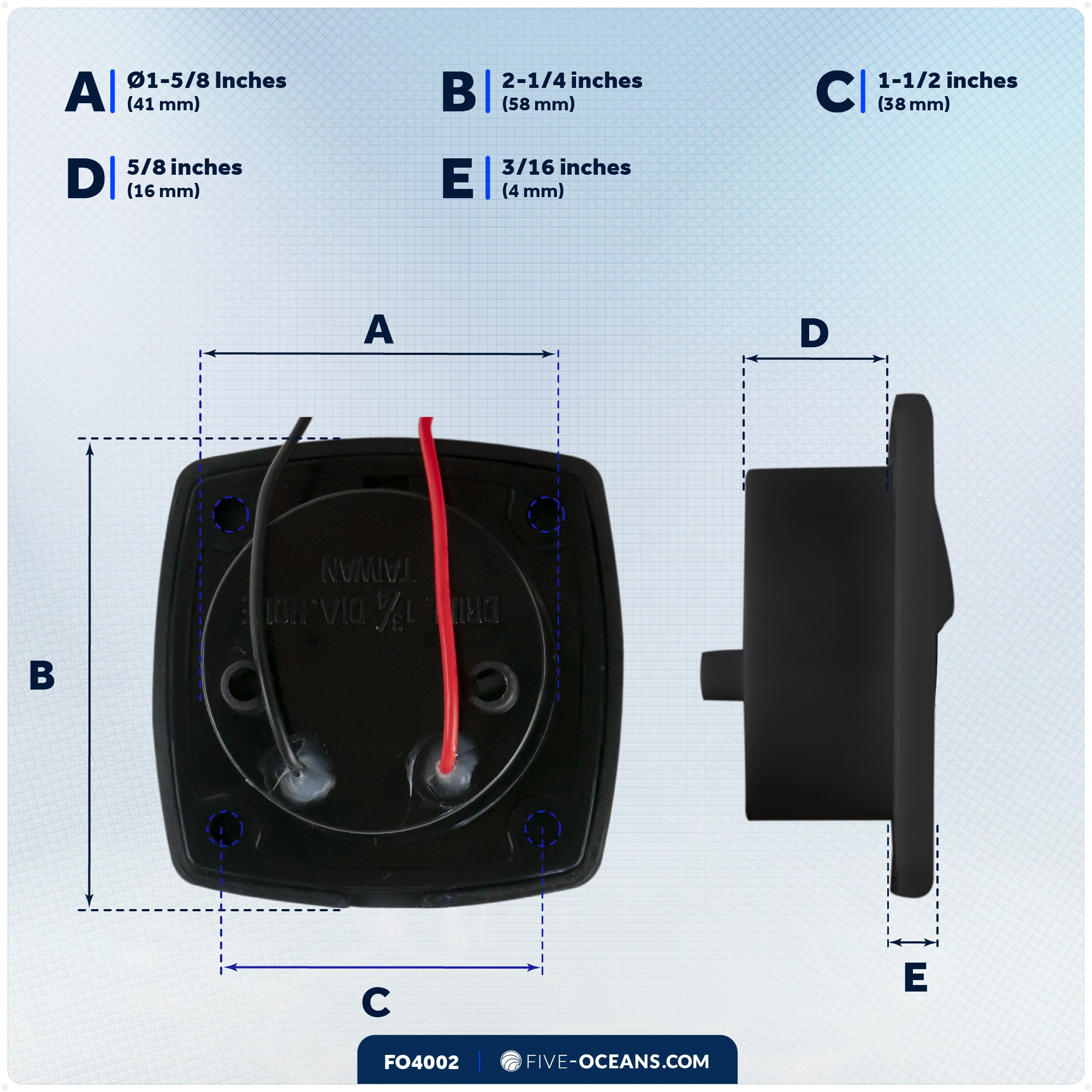 2-1/4" Square LED Recessed Courtesy / Companionway Light, Black Housing, Blue, 12V - FO4002