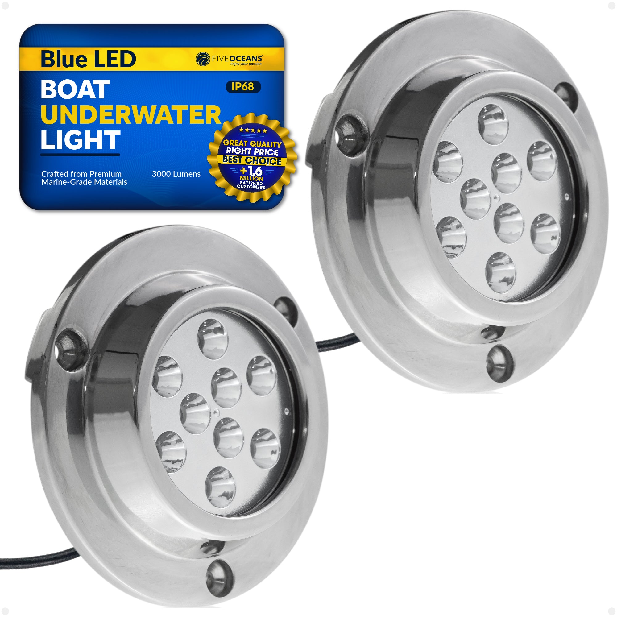 Underwater Boat Light, Stainless Steel, Blue LED, 2-Pack - FO4005-M2 - Five Oceans