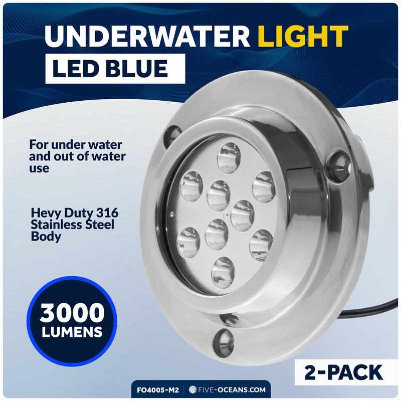 LED Underwater Light, Blue, AISI316 Stainless Steel, 10-30V, 2-Pack - FO4005-M2 - Five Oceans