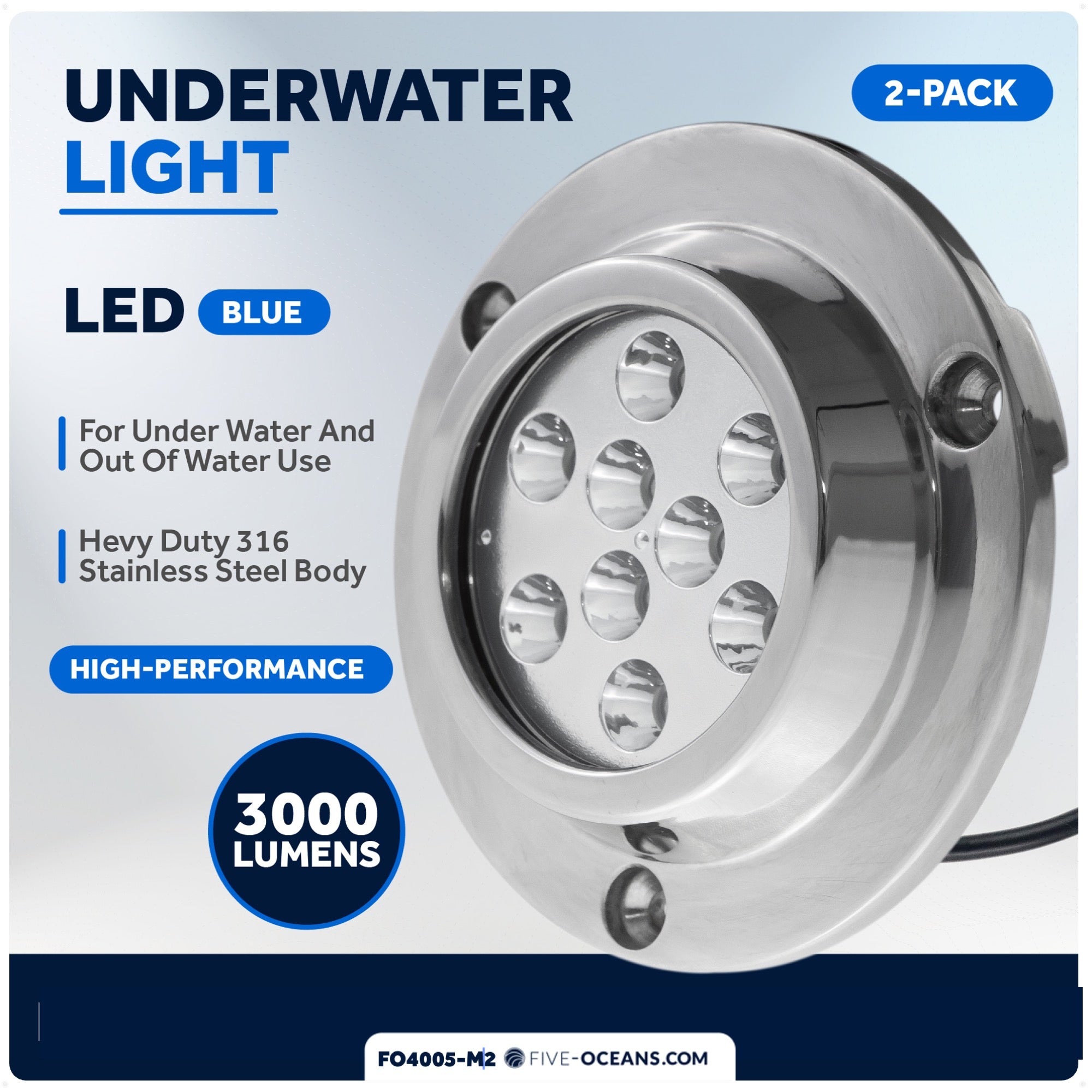 LED Underwater Light, Blue, AISI316 Stainless Steel, 10-30V, 2-Pack - FO4005-M2 - Five Oceans