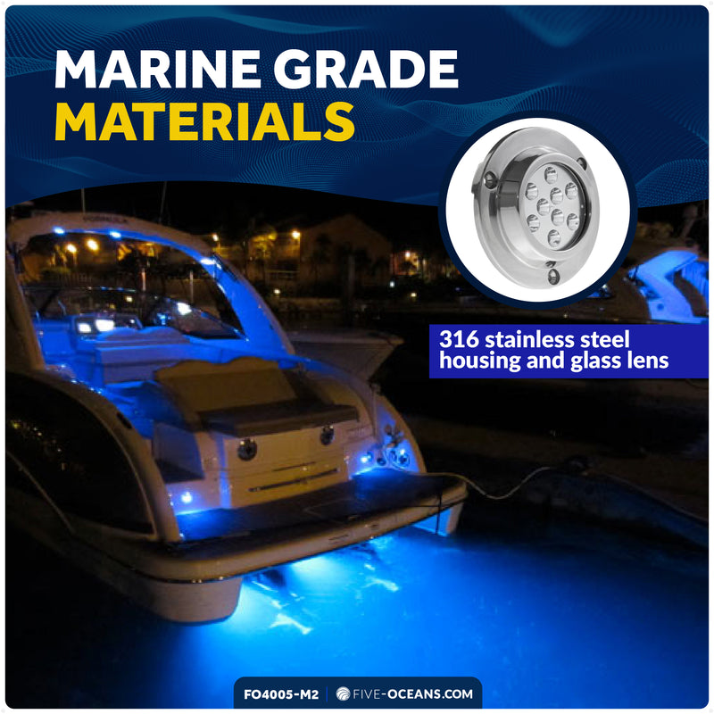 LED Underwater Light, Blue, AISI316 Stainless Steel, 10-30V, 2-Pack - FO4005-M2 - Five Oceans