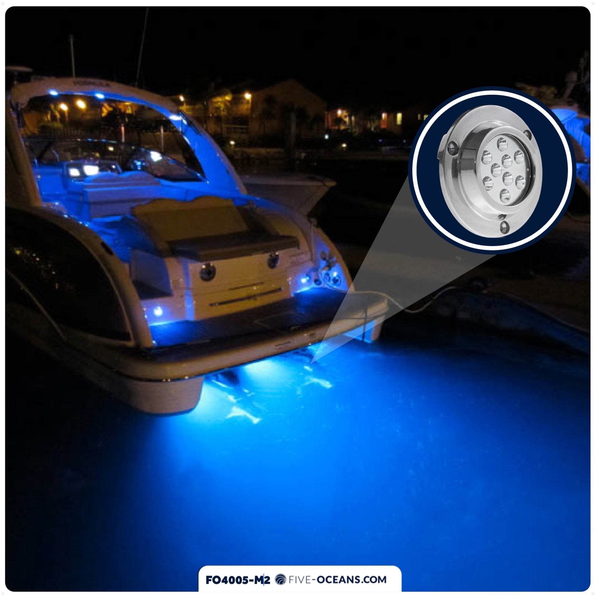 LED Underwater Light, Blue, AISI316 Stainless Steel, 10-30V, 2-Pack - FO4005-M2 - Five Oceans