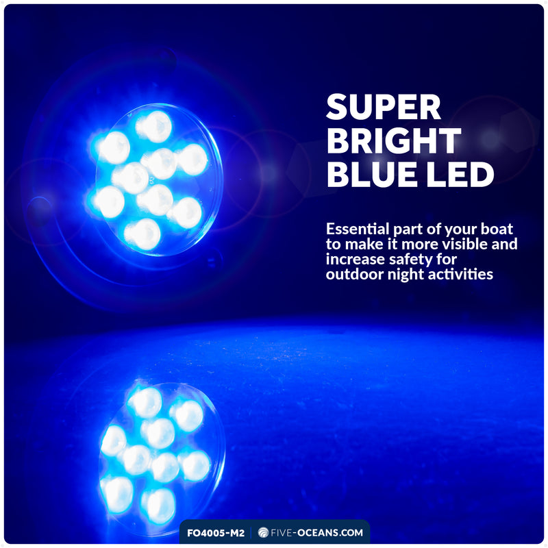 LED Underwater Light, Blue, AISI316 Stainless Steel, 10-30V, 2-Pack - FO4005-M2 - Five Oceans