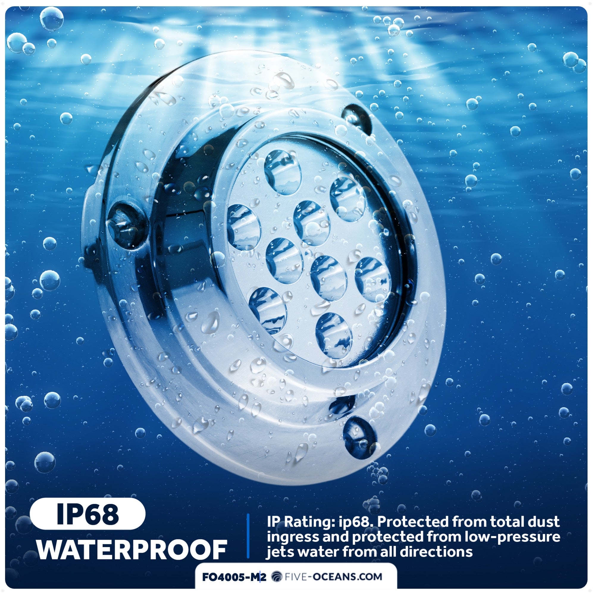 LED Underwater Light, Blue, AISI316 Stainless Steel, 10-30V, 2-Pack - FO4005-M2 - Five Oceans