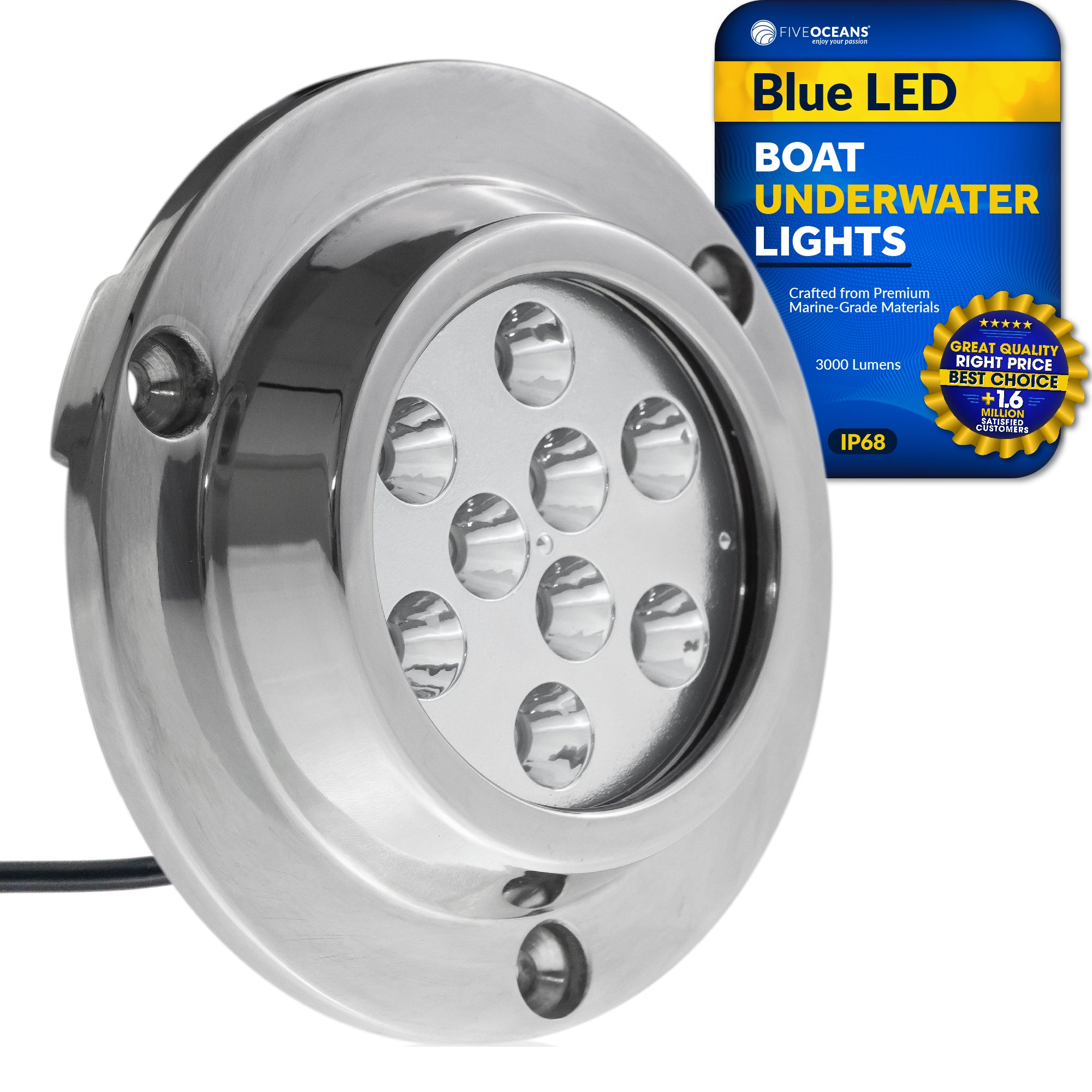 Underwater Boat Light,  Stainless Steel, Blue LED - FO4005 - Five Oceans