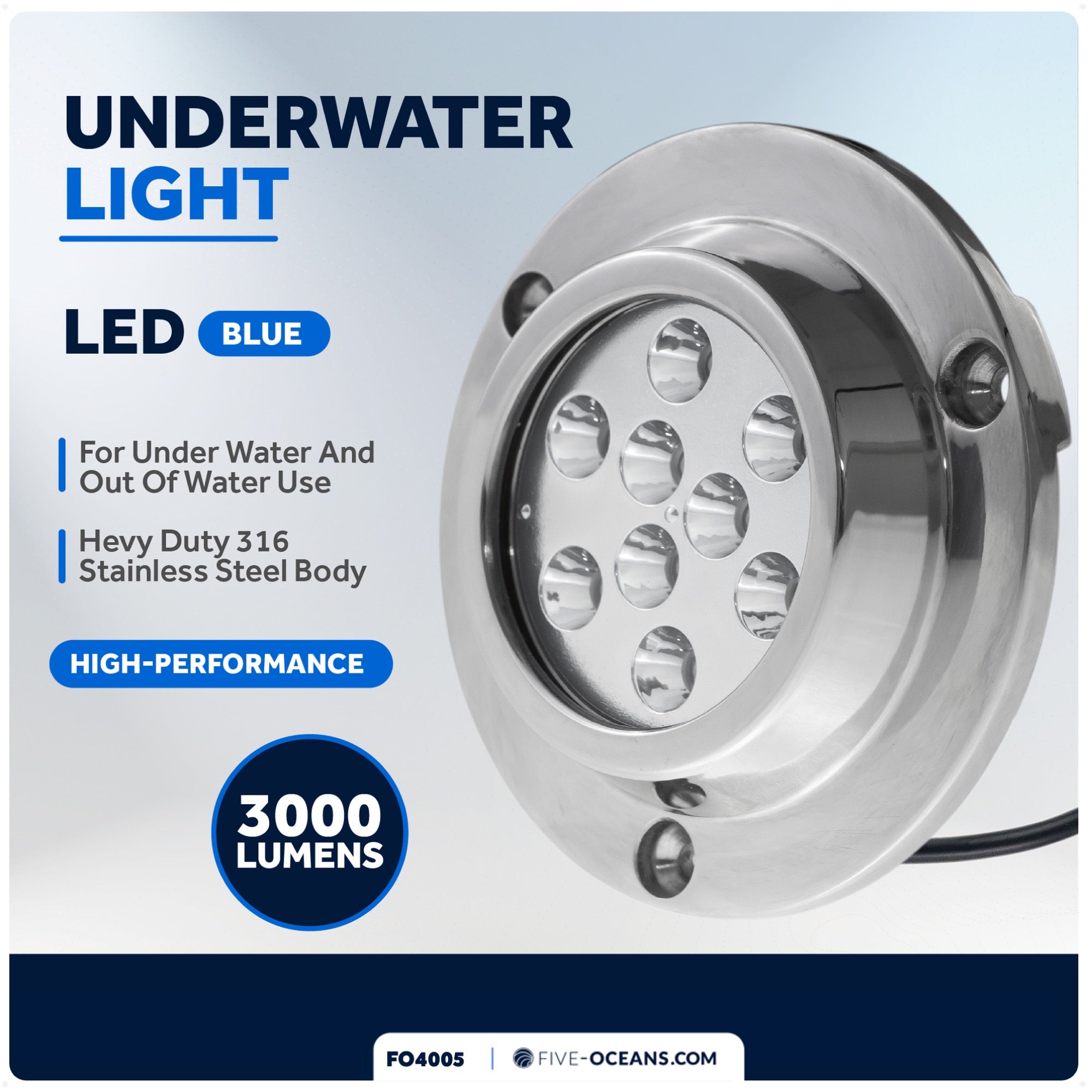 Underwater Boat Light,  Stainless Steel, Blue LED - FO4005 - Five Oceans