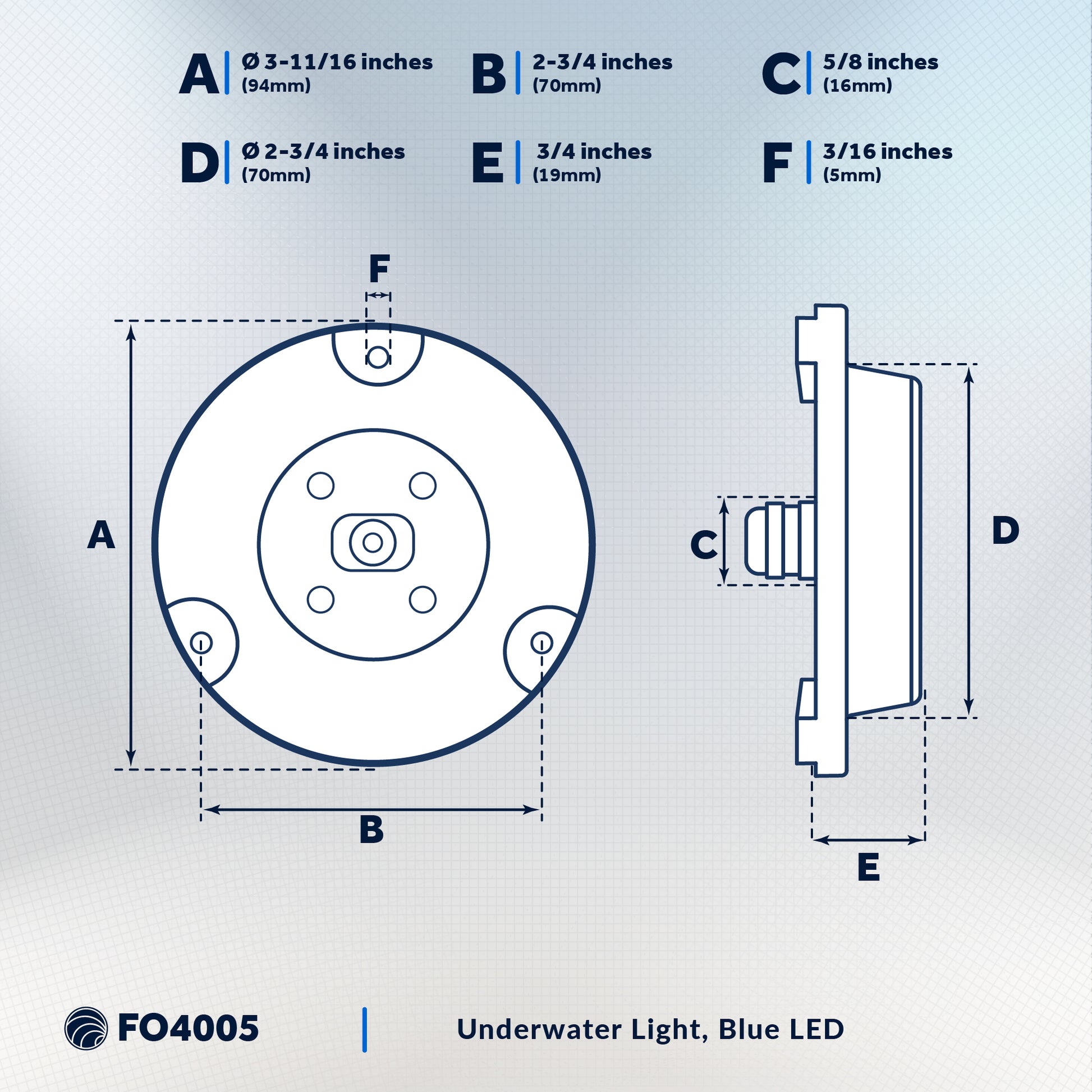 Underwater Boat Light,  Stainless Steel, Blue LED - FO4005 - Five Oceans