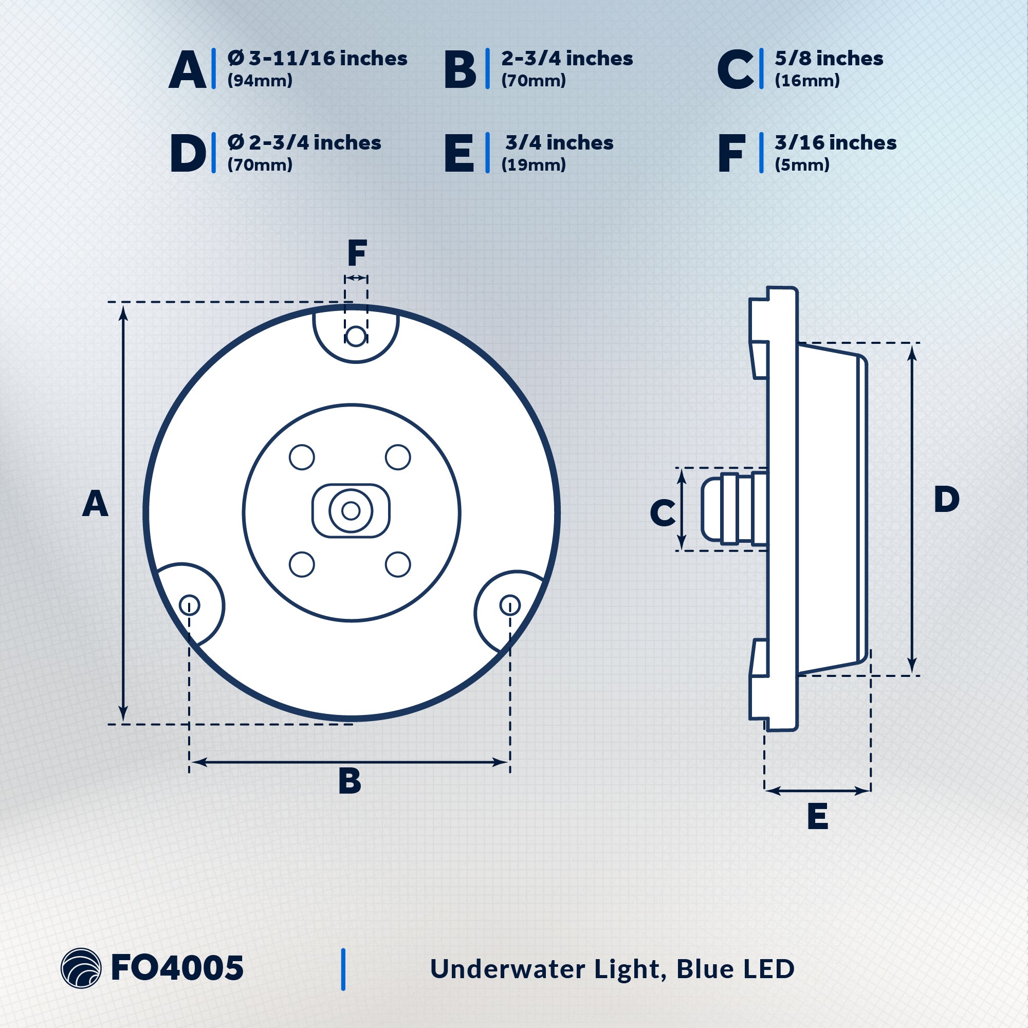 Underwater Boat Light,  Stainless Steel, Blue LED - FO4005 - Five Oceans
