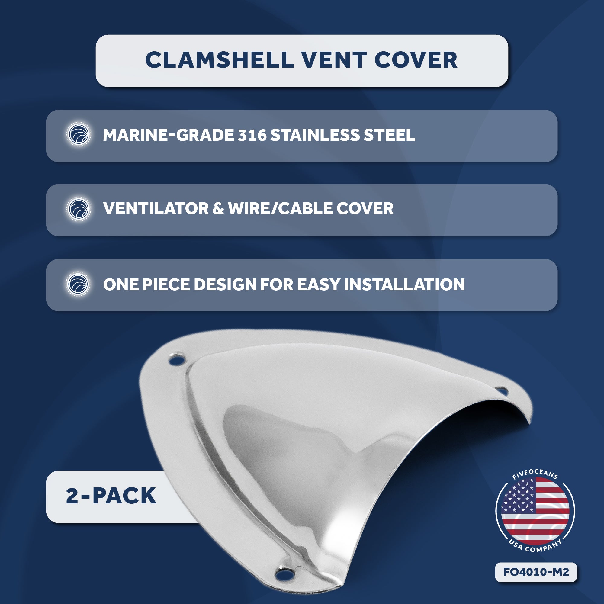 Clamshell Vent Cover, Base 3-11/16" L x 3-7/16" W, Stainless Steel - 2-Pack - FO4010-M2 - Five Oceans
