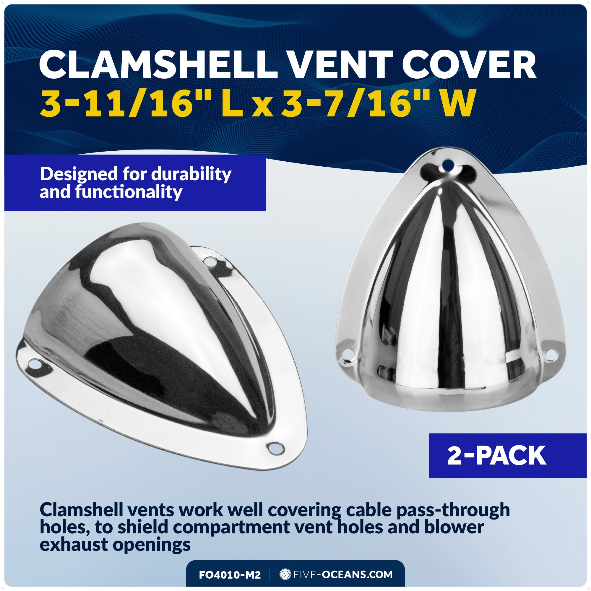 Clamshell Vent Cover, Base 3-11/16" L x 3-7/16" W, Stainless Steel - 2-Pack - FO4010-M2