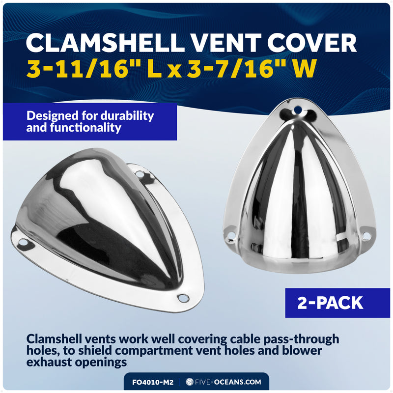 Clamshell Vent Cover, Base 3-11/16" L x 3-7/16" W, Stainless Steel, 2-Pack - FO4010-M2 - Five Oceans