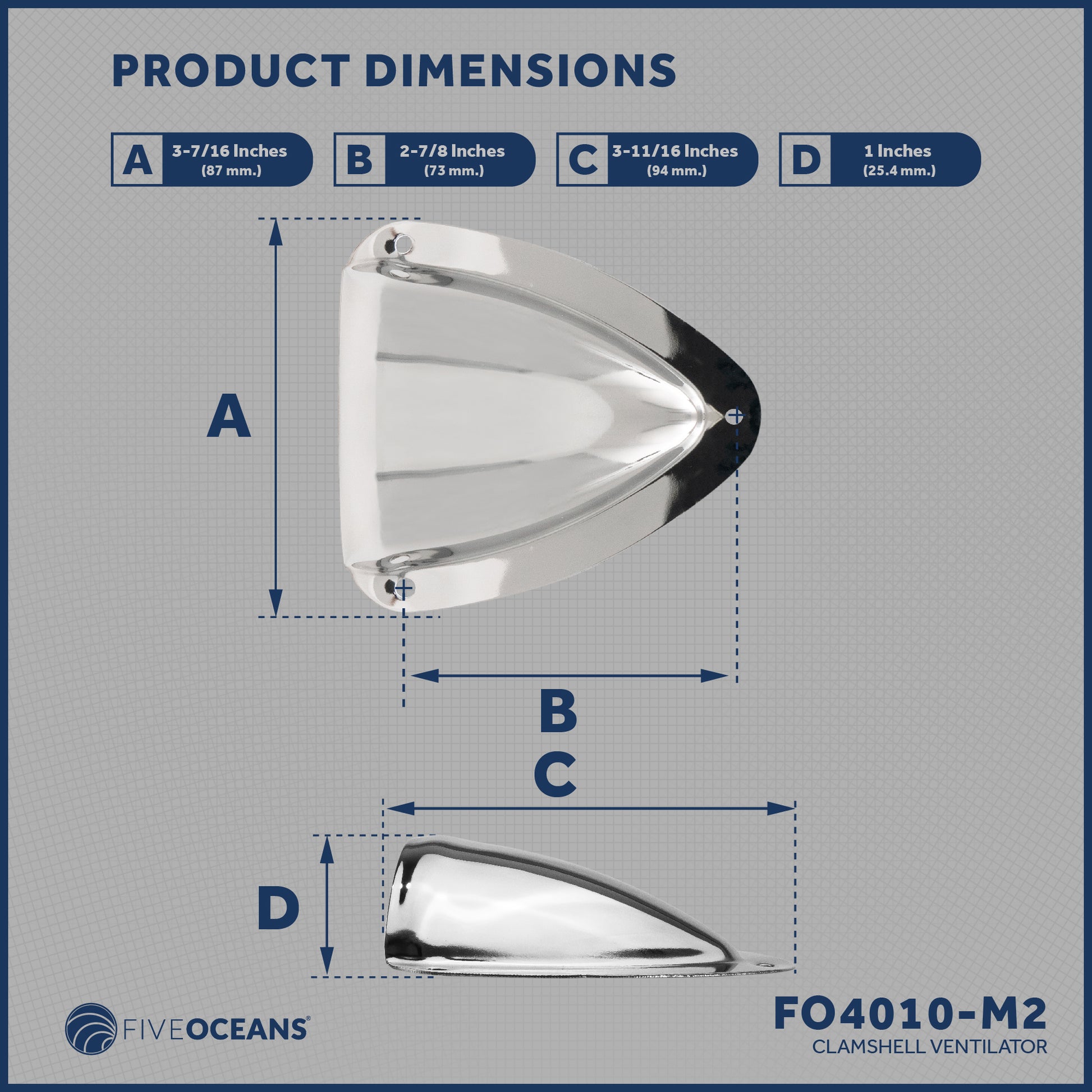 Clamshell Vent Cover, Base 3-11/16" L x 3-7/16" W, Stainless Steel - 2-Pack - FO4010-M2 - Five Oceans
