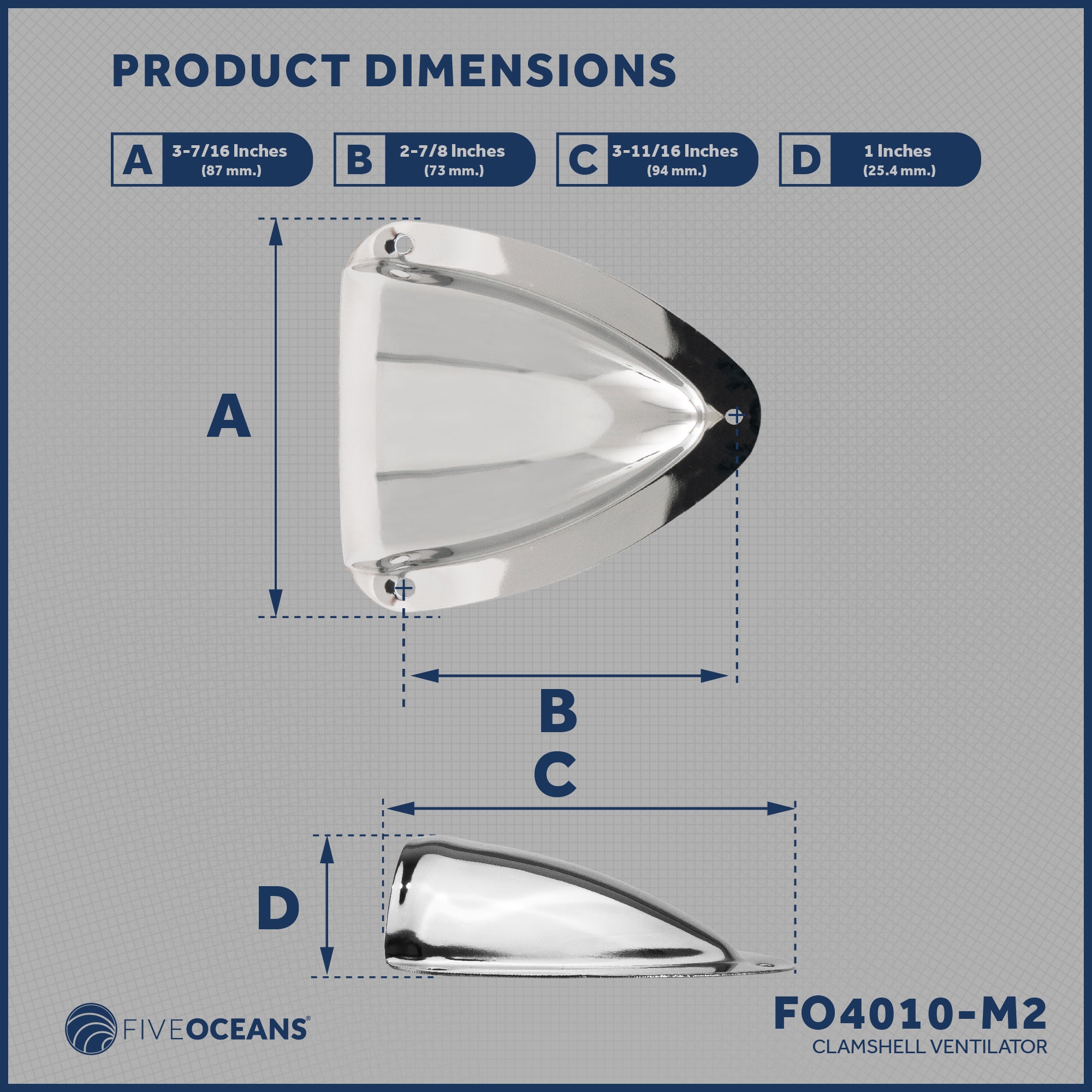 Clamshell Vent Cover, Base 3-11/16" L x 3-7/16" W, Stainless Steel - 2-Pack - FO4010-M2 - Five Oceans