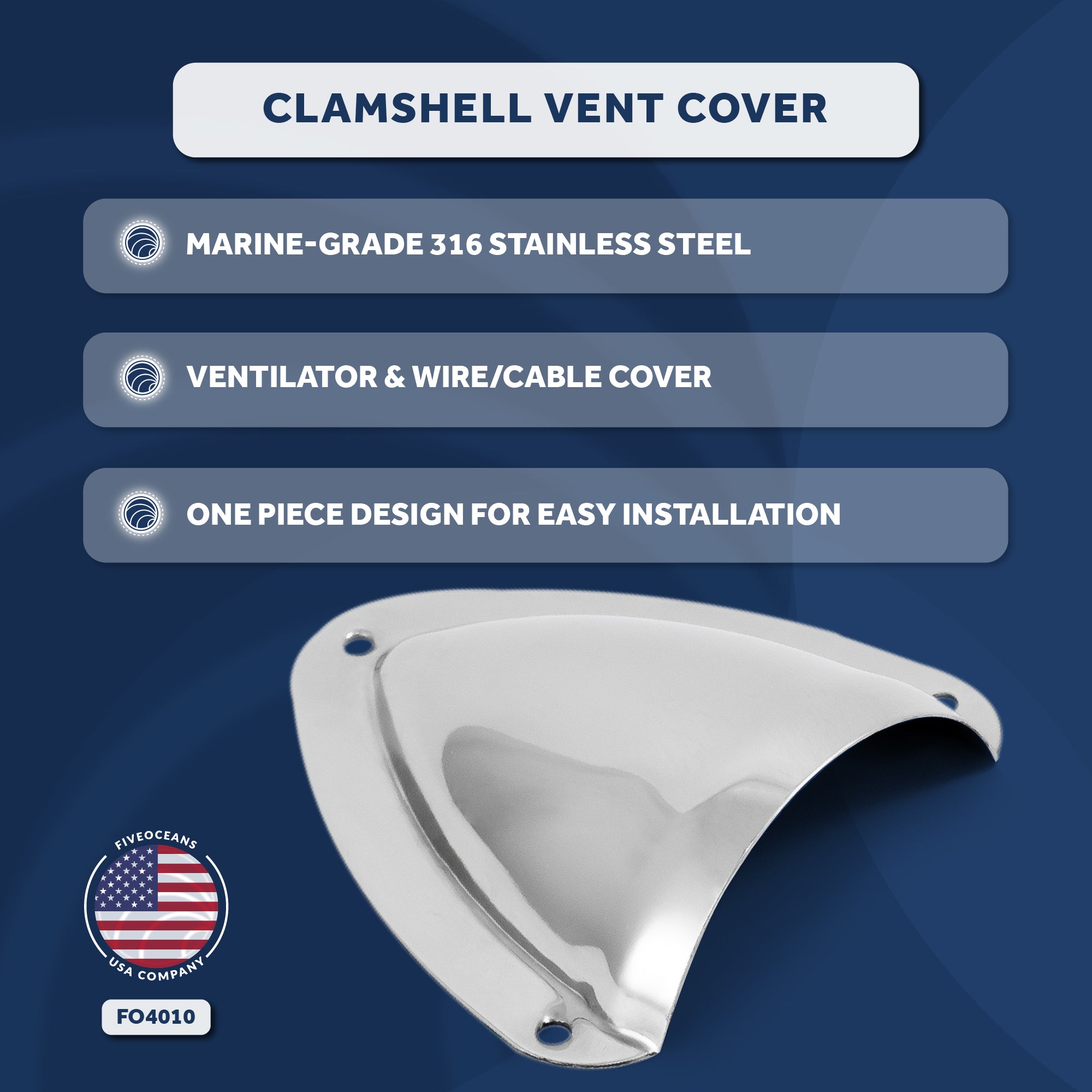 Clamshell Vent Cover, Base 3-11/16" L x 3-7/16" W, Stainless Steel - FO4010 - Five Oceans