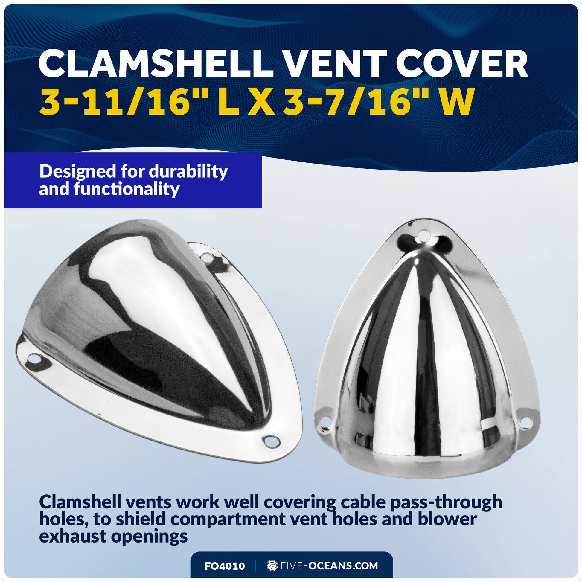 Clamshell Vent Cover, Base 3-11/16" L x 3-7/16" W, Stainless Steel - FO4010 - Five Oceans