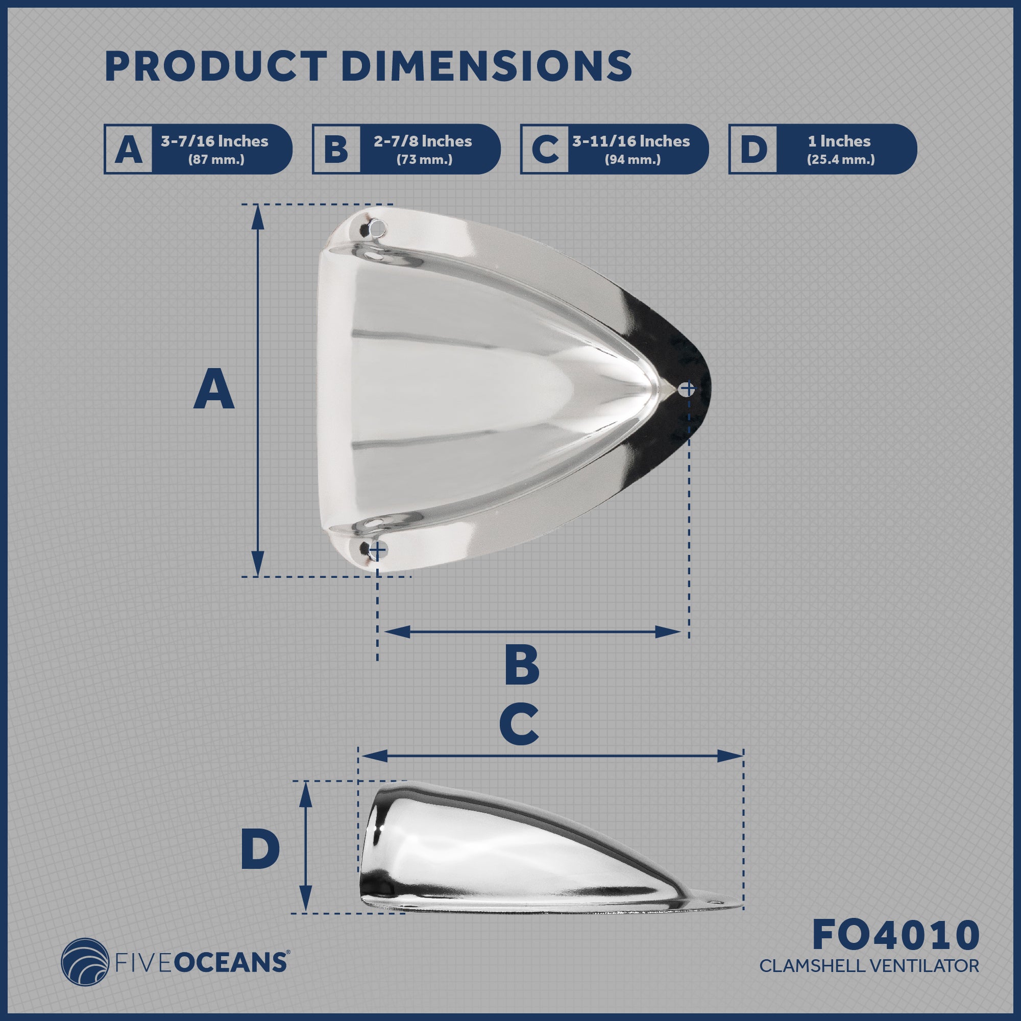 Clamshell Vent Cover, Base 3-11/16" L x 3-7/16" W, Stainless Steel - FO4010 - Five Oceans