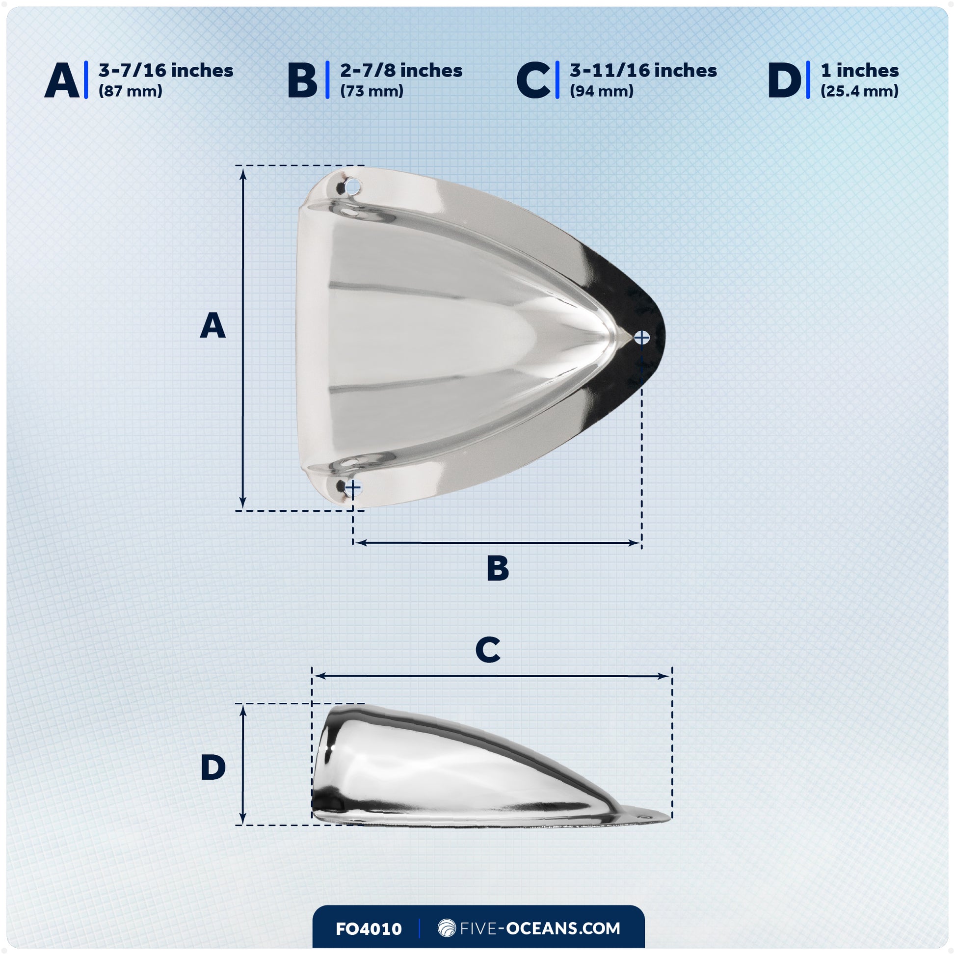 Clamshell Vent Cover, Base 3-11/16" L x 3-7/16" W, Stainless Steel - FO4010 - Five Oceans