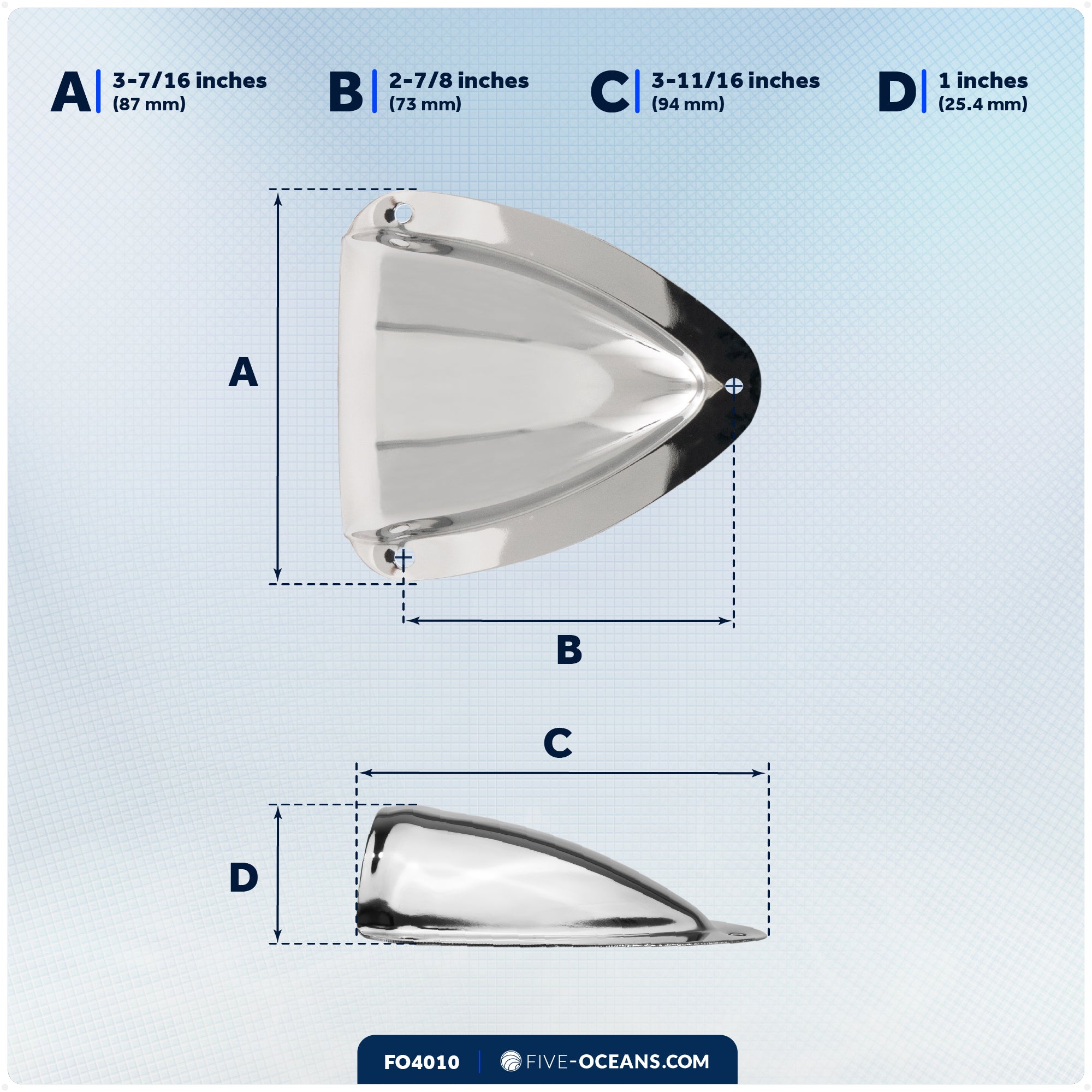Clamshell Vent Cover, Base 3-11/16" L x 3-7/16" W, Stainless Steel - FO4010 - Five Oceans