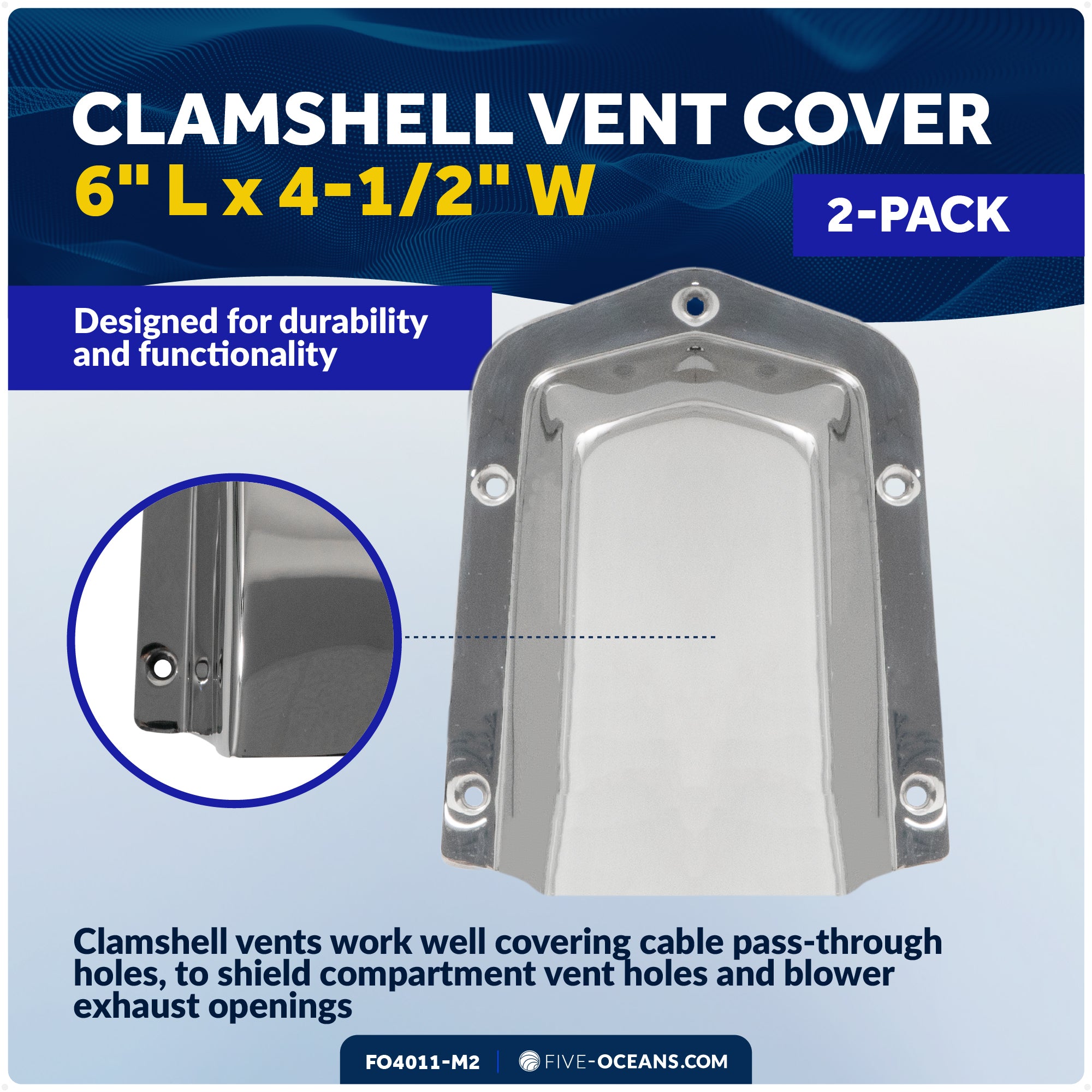 Clamshell Vent Cover, Base 6" L x 4-1/2" W, Stainless Steel, 2-Pack - FO4011-M2 - Five Oceans