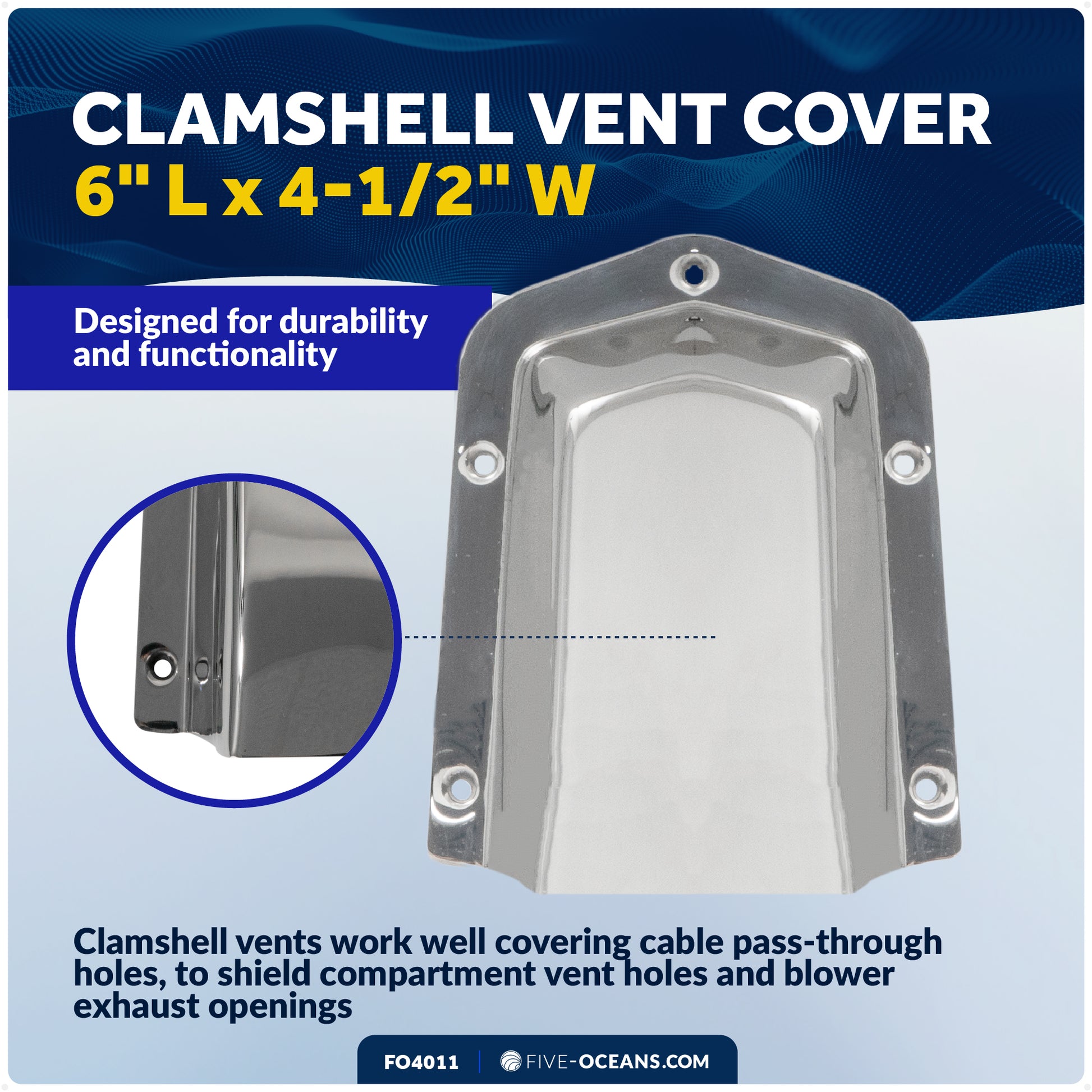Clamshell Vent Cover, Base 6-Inch L x 4-1/2-Inch W, Stainless Steel - FO4011 - Five Oceans