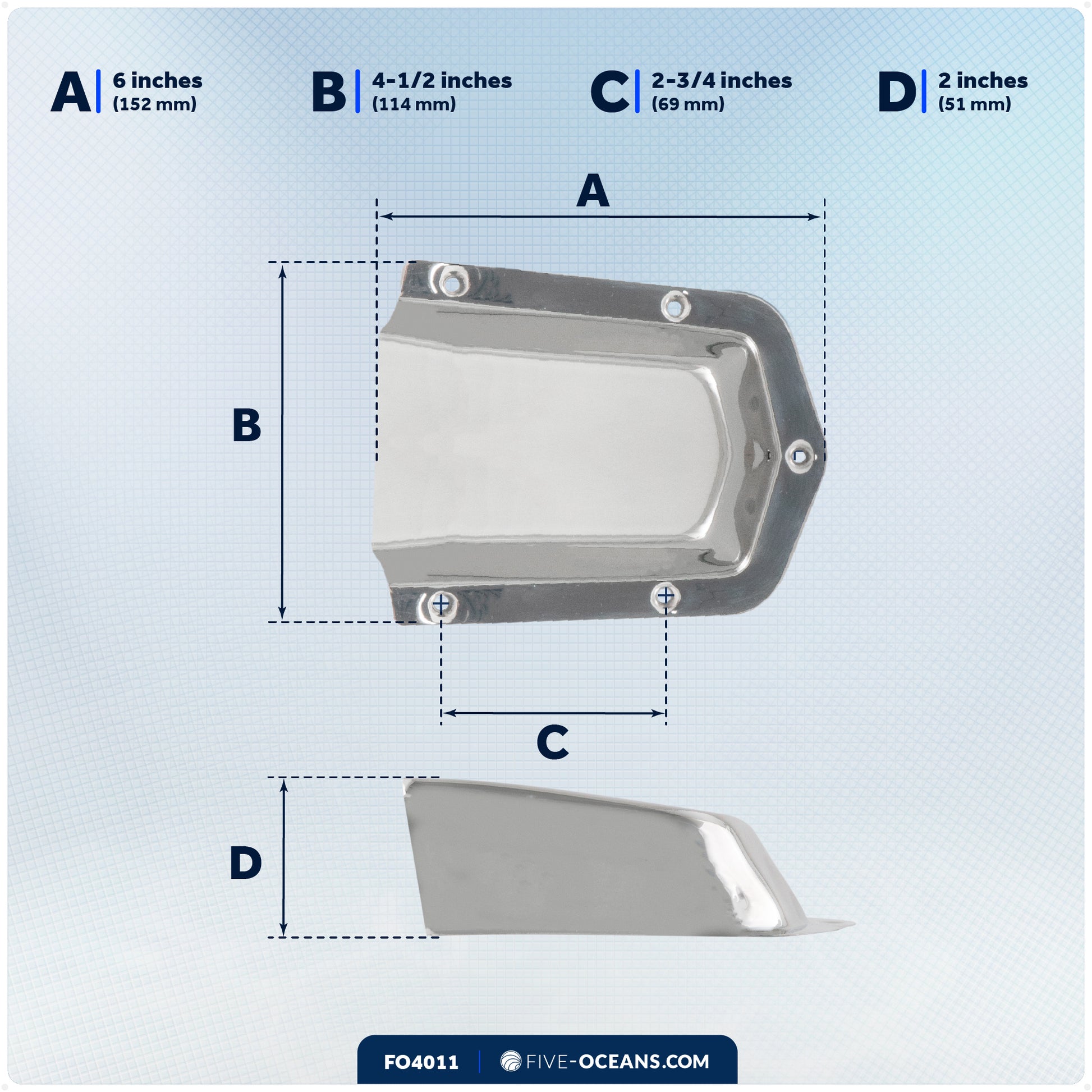 Clamshell Vent Cover, Base 6-Inch L x 4-1/2-Inch W, Stainless Steel - FO4011 - Five Oceans