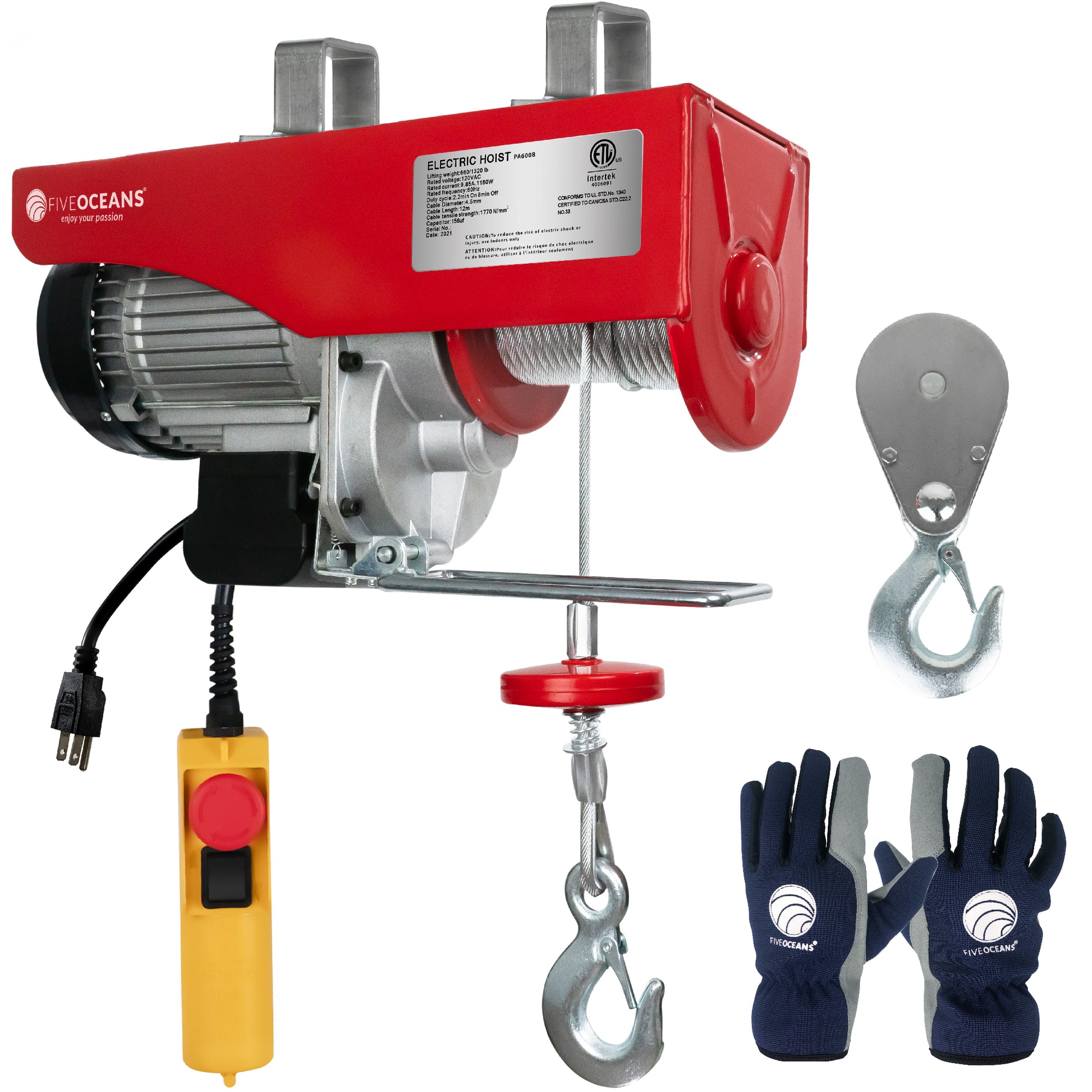 Electric Hoist,  Electric Winch with 20' Remote Control, 1320 Lb - FO4016-C1 - Five Oceans