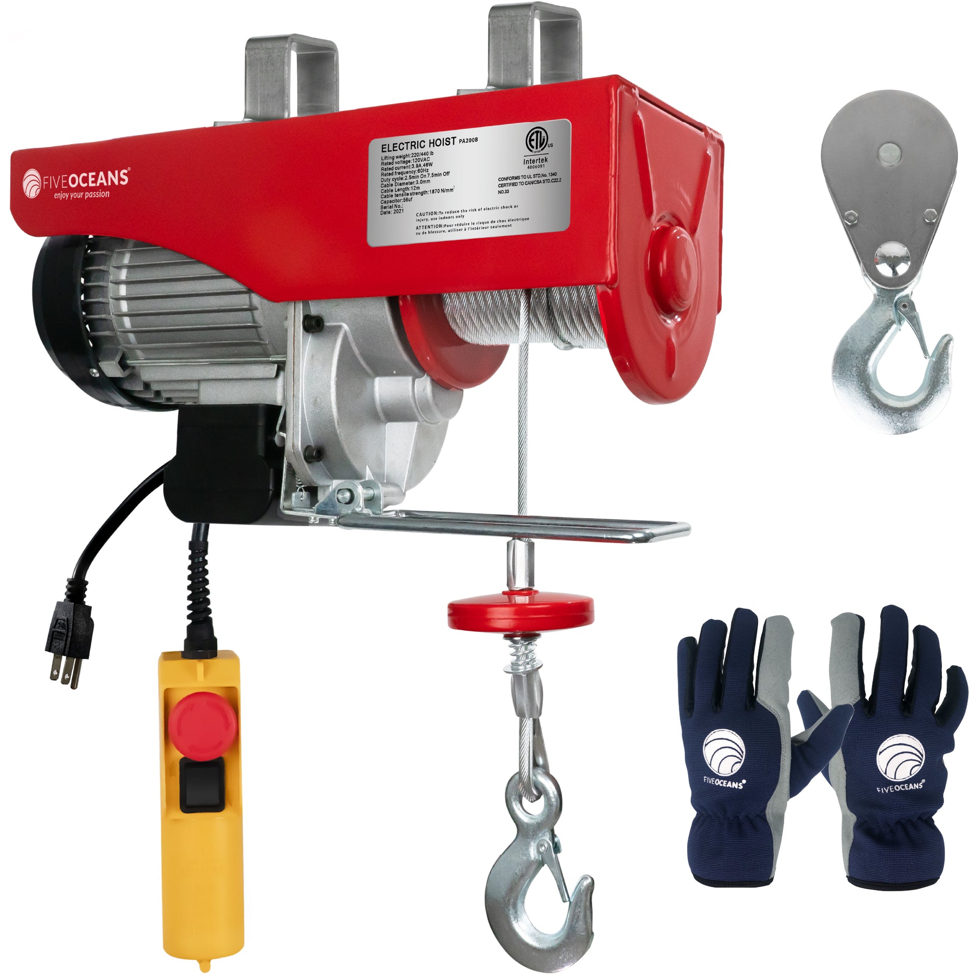 1320 Lb. Electric Hoist with 20Ft Cable Control & Working Gloves, 120V AC - FO4016-C1 - Five Oceans