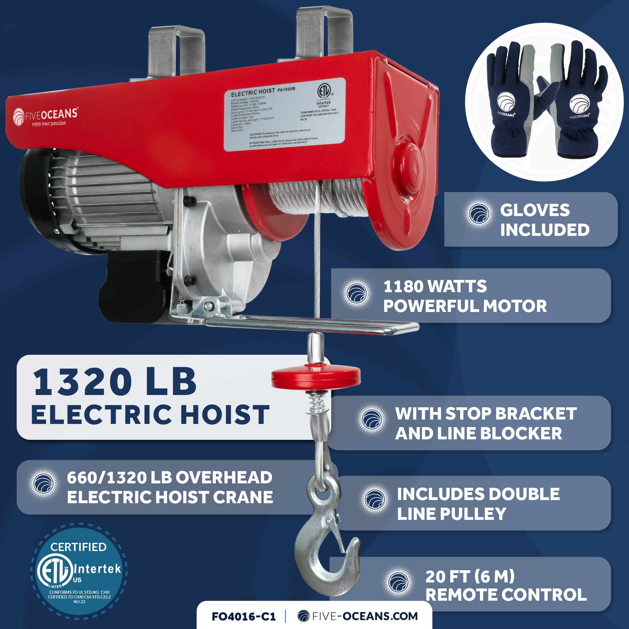 1320 Lb. Electric Hoist with 20Ft Cable Control & Working Gloves, 120V AC - FO4016-C1