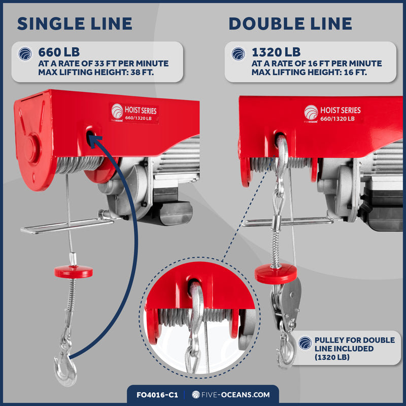 1320 Lb. Electric Hoist with 20Ft Cable Control & Working Gloves, 120V AC - FO4016-C1 - Five Oceans