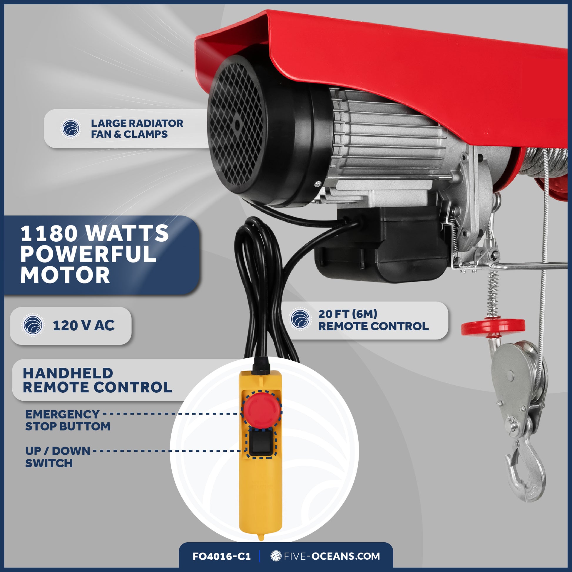 1320 Lb. Electric Hoist with 20Ft Cable Control & Working Gloves, 120V AC - FO4016-C1 - Five Oceans