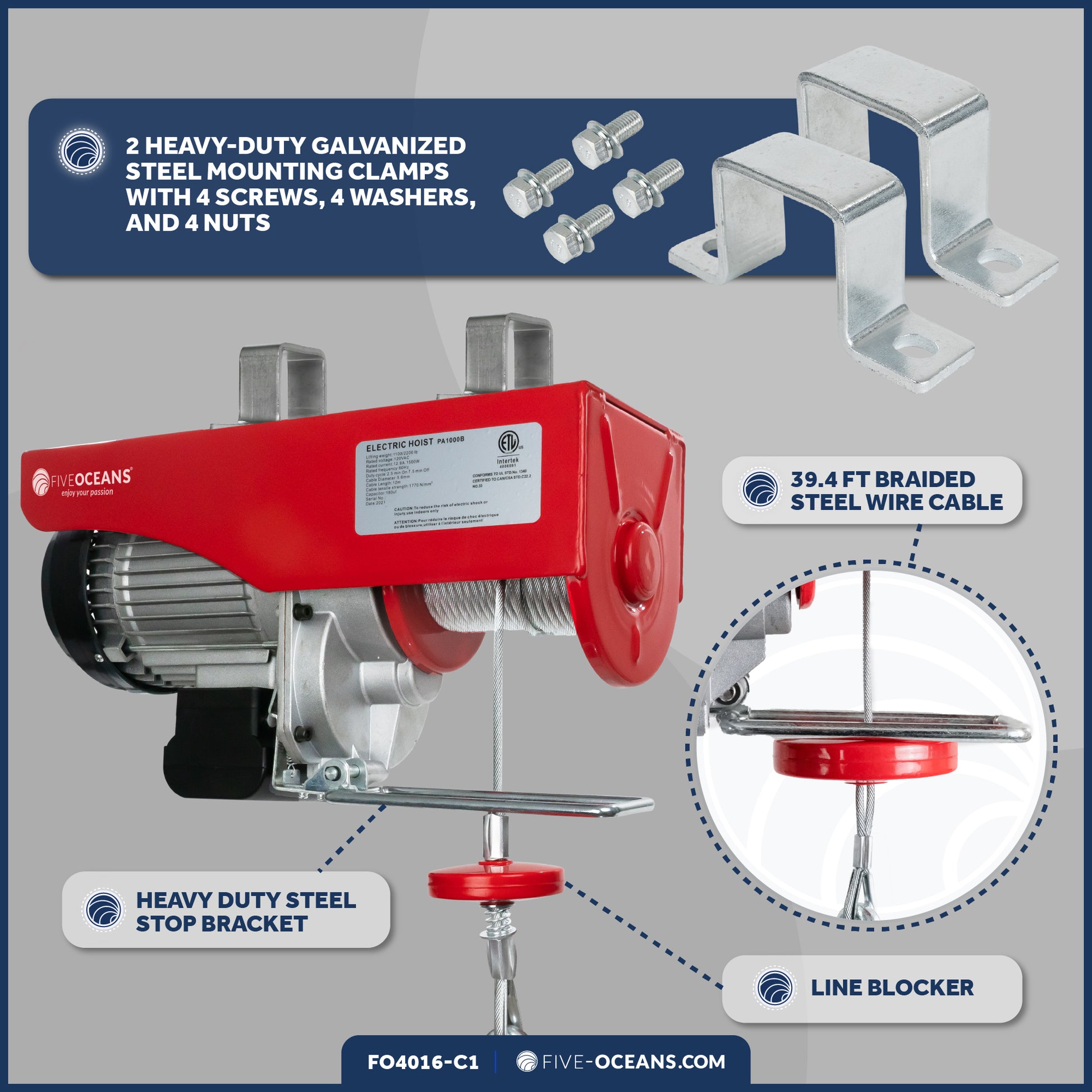 1320 Lb. Electric Hoist with 20Ft Cable Control & Working Gloves, 120V AC - FO4016-C1 - Five Oceans