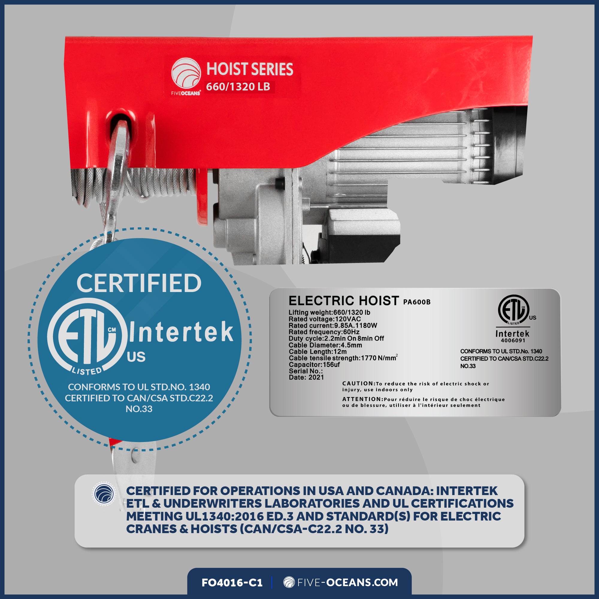 1320 Lb. Electric Hoist with 20Ft Cable Control & Working Gloves, 120V AC - FO4016-C1 - Five Oceans