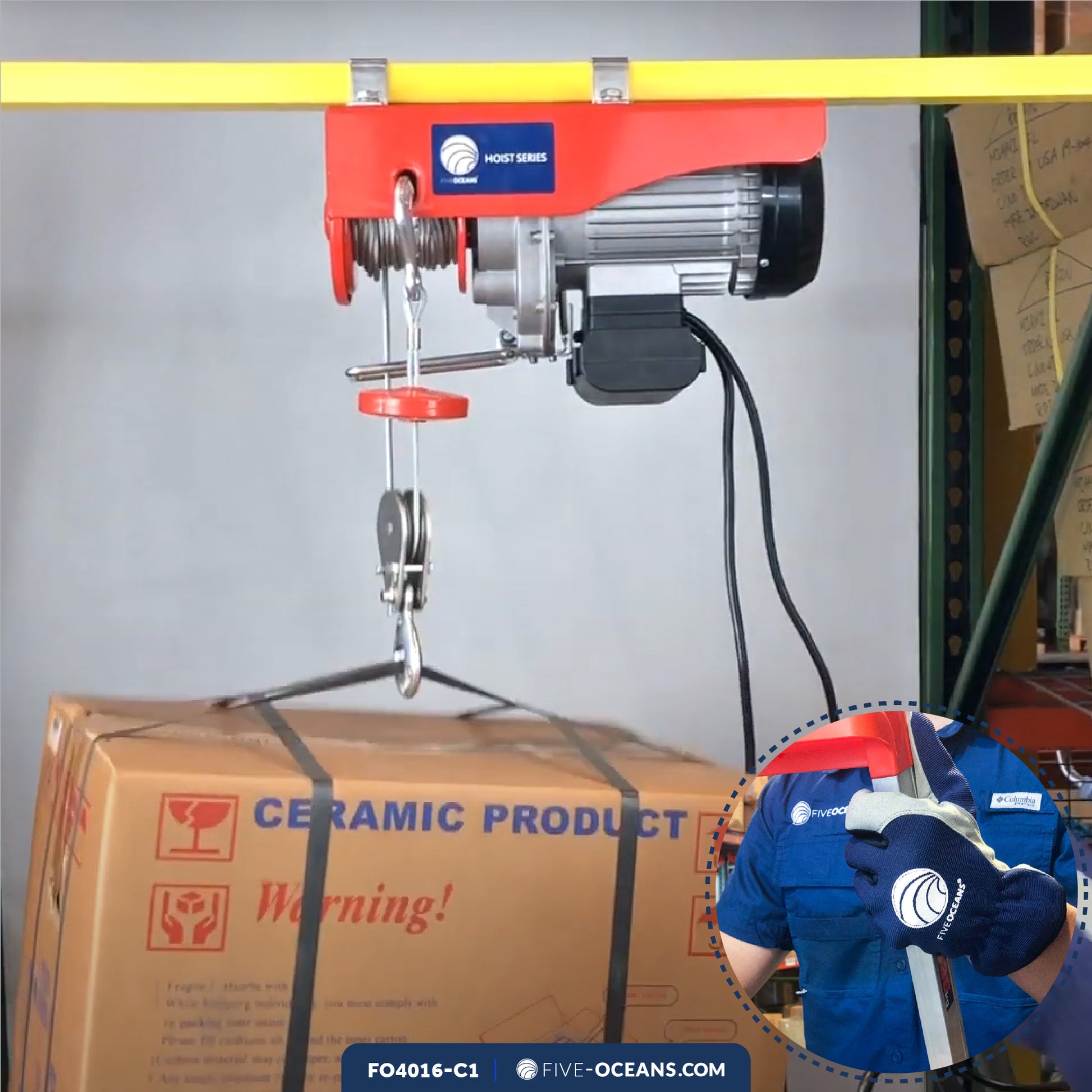 1320 Lb. Electric Hoist with 20Ft Cable Control & Working Gloves, 120V AC - FO4016-C1 - Five Oceans