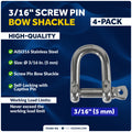 3/16" Screw Pin D Anchor Shackle, AISI316 Stainless Steel, 4-Pack