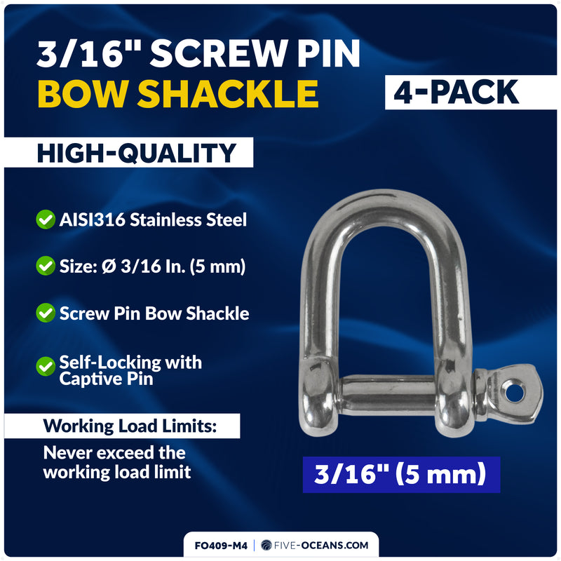 3/16" Screw Pin D Anchor Shackle, AISI316 Stainless Steel, 4-Pack