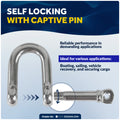 3/16" Screw Pin D Anchor Shackle, AISI316 Stainless Steel, 4-Pack