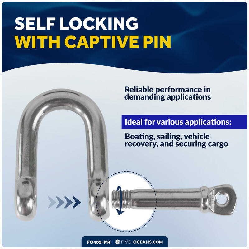 3/16" Screw Pin D Anchor Shackle, AISI316 Stainless Steel, 4-Pack