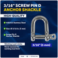 3/16" Screw Pin D Anchor Shackle, AISI316 Stainless Steel