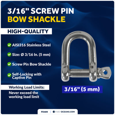 3/16" Screw Pin D Anchor Shackle, AISI316 Stainless Steel