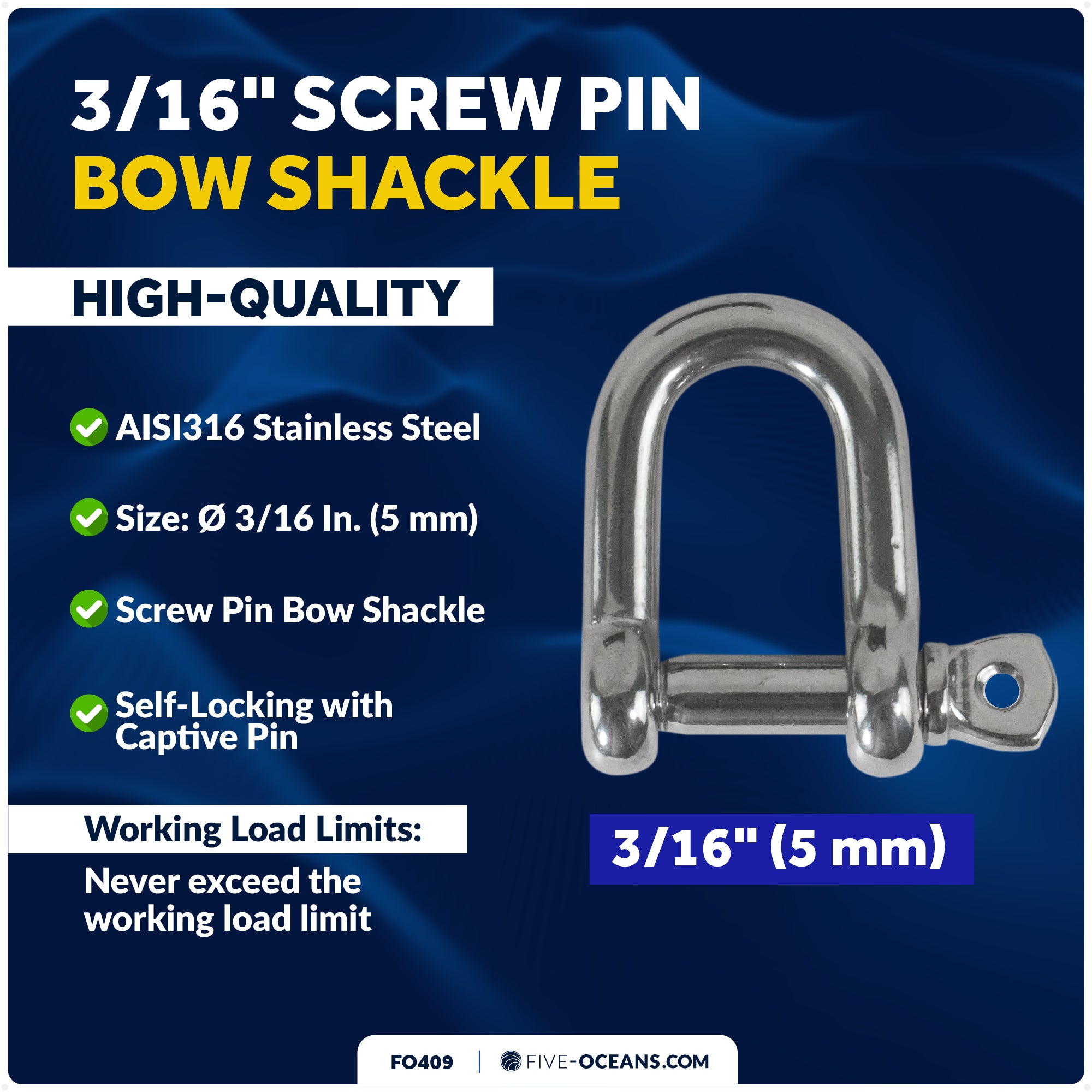 3/16" Screw Pin D Shackle, AISI316 Stainless Steel - FO409 - Five Oceans