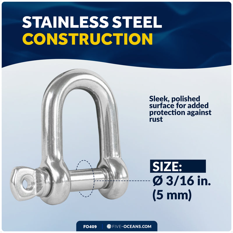 3/16" Screw Pin D Anchor Shackle, AISI316 Stainless Steel