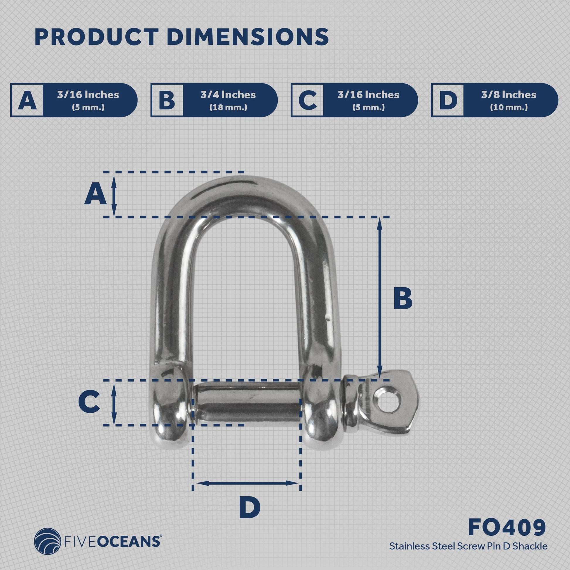 Pin D Shackles, 3/16" Screw, Stainless Steel - FO409 - Five Oceans