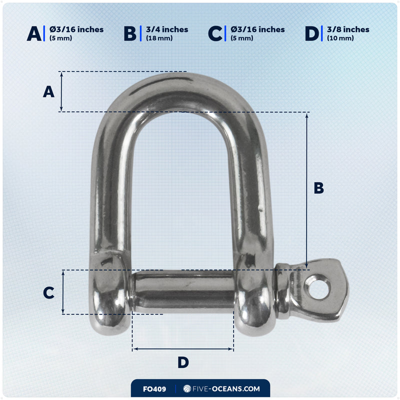 3/16" Screw Pin D Anchor Shackle, AISI316 Stainless Steel