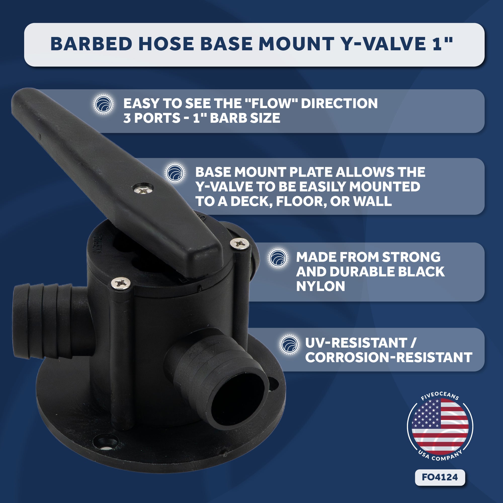 Base-Mount Y-Valve with 1" Barbed Hose Ports - FO4124