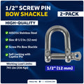 1/2" Screw Pin D Anchor Shackle, AISI316 Stainless Steel, 2-Pack
