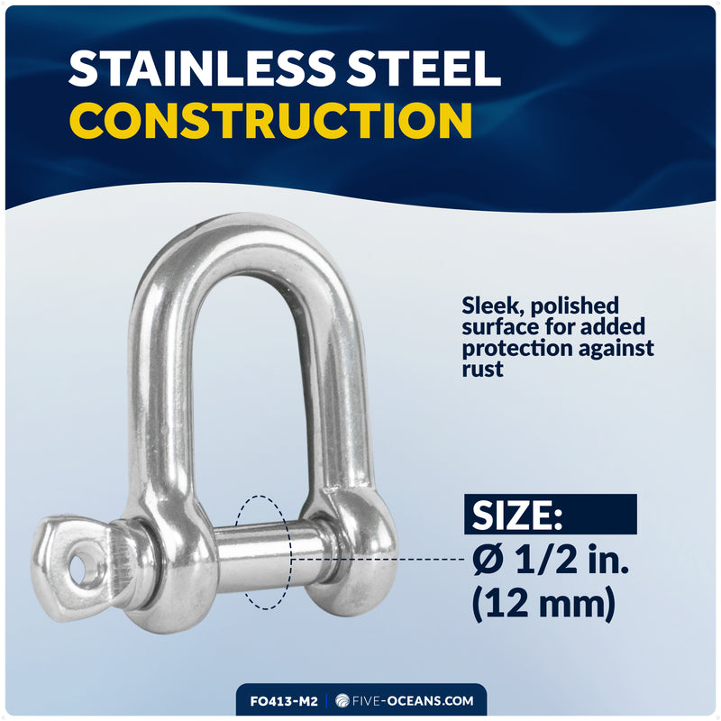 1/2" Screw Pin D Anchor Shackle, AISI316 Stainless Steel, 2-Pack