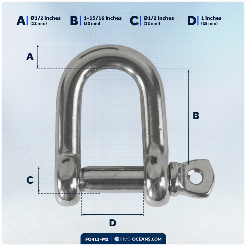 1/2" Screw Pin D Anchor Shackle, AISI316 Stainless Steel, 2-Pack