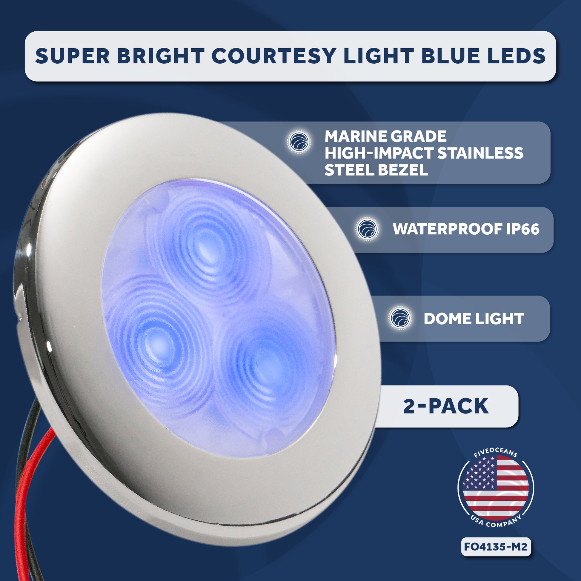 LED Ceiling Light, Round Cockpit, 3",  Blue LED, 2-pack - FO4135-M2 - Five Oceans
