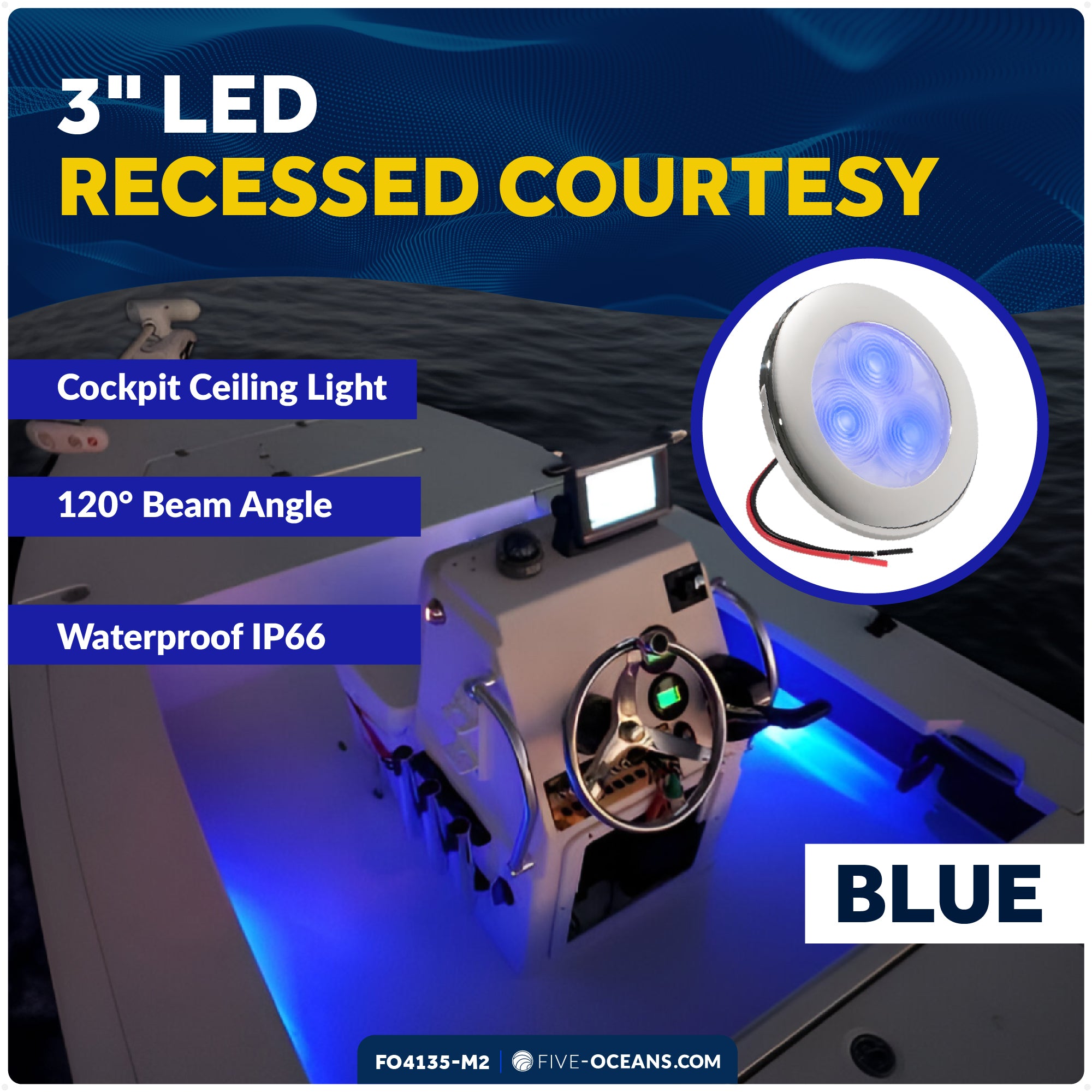 3" LED Recessed Courtesy / Cockpit Ceiling Light, Blue, 2-Pack - FO4135-M2 - Five Oceans