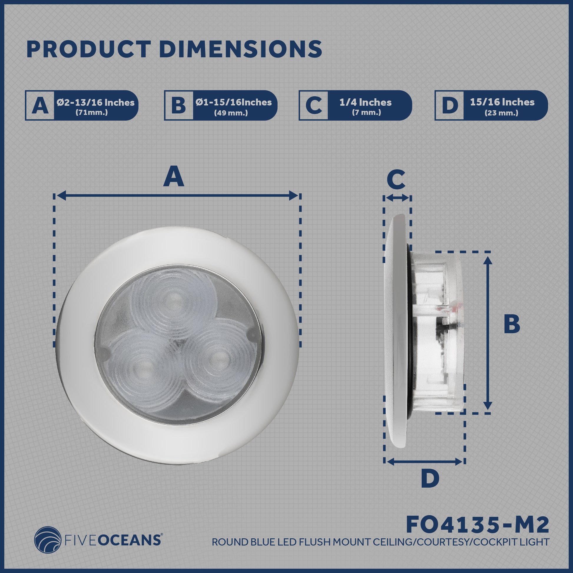 LED Ceiling Light, Round Cockpit, 3",  Blue LED, 2-pack - FO4135-M2 - Five Oceans